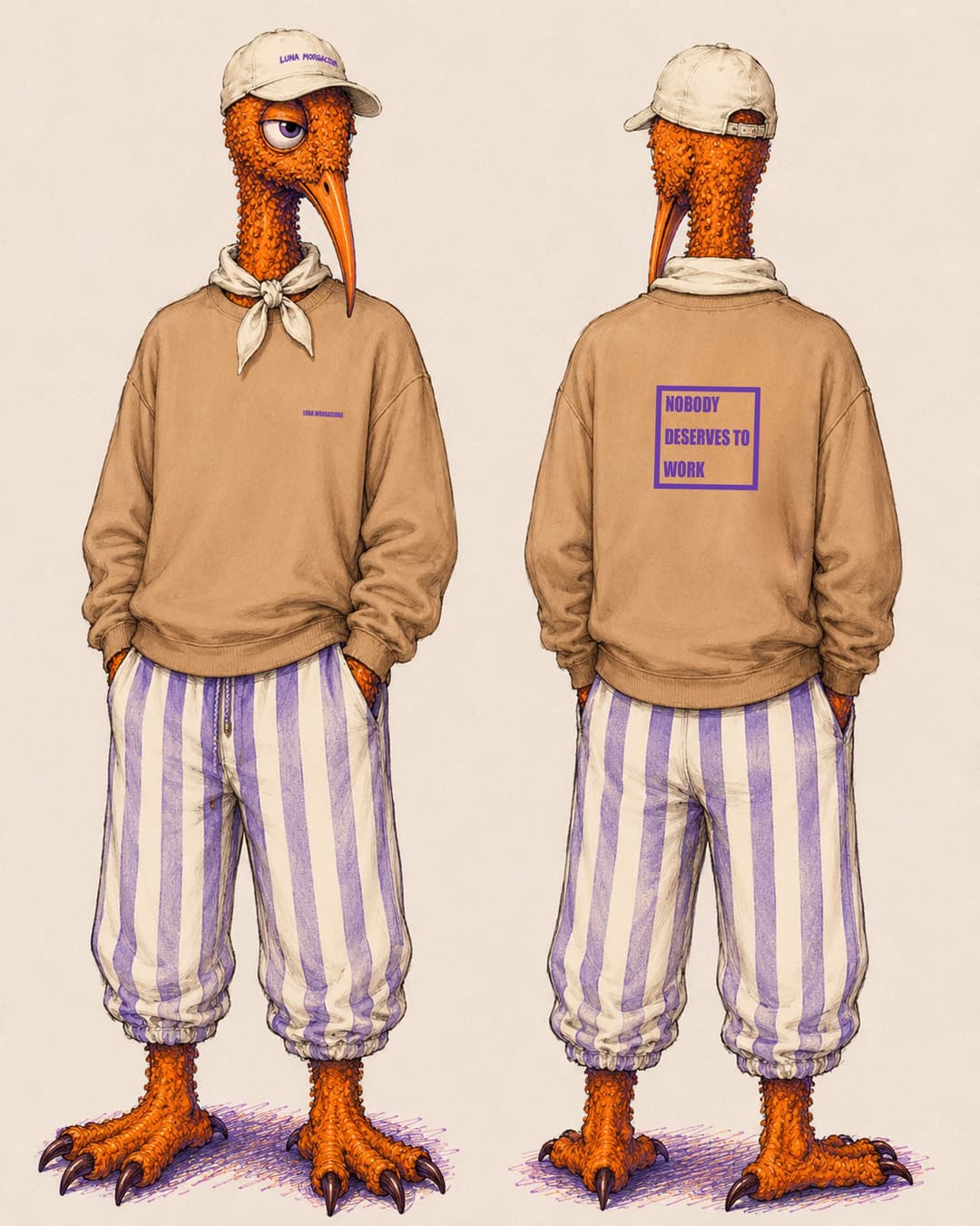 Luna Says mascot — illustrated kiwi bird wearing a tan crewneck and striped pants